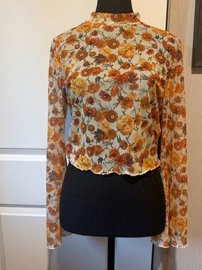 SHEIN Floral Mesh Long Sleeve Top in Yellow and Orange on Cream